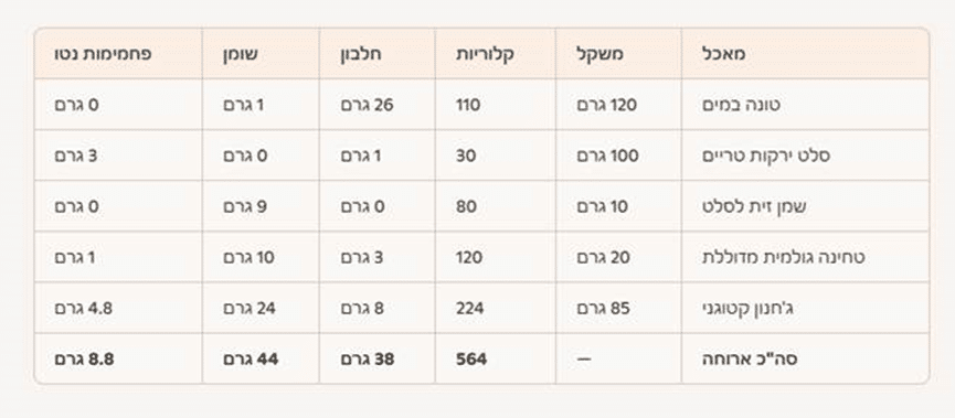 סיכום ערכים ארוחת ערב יום שני